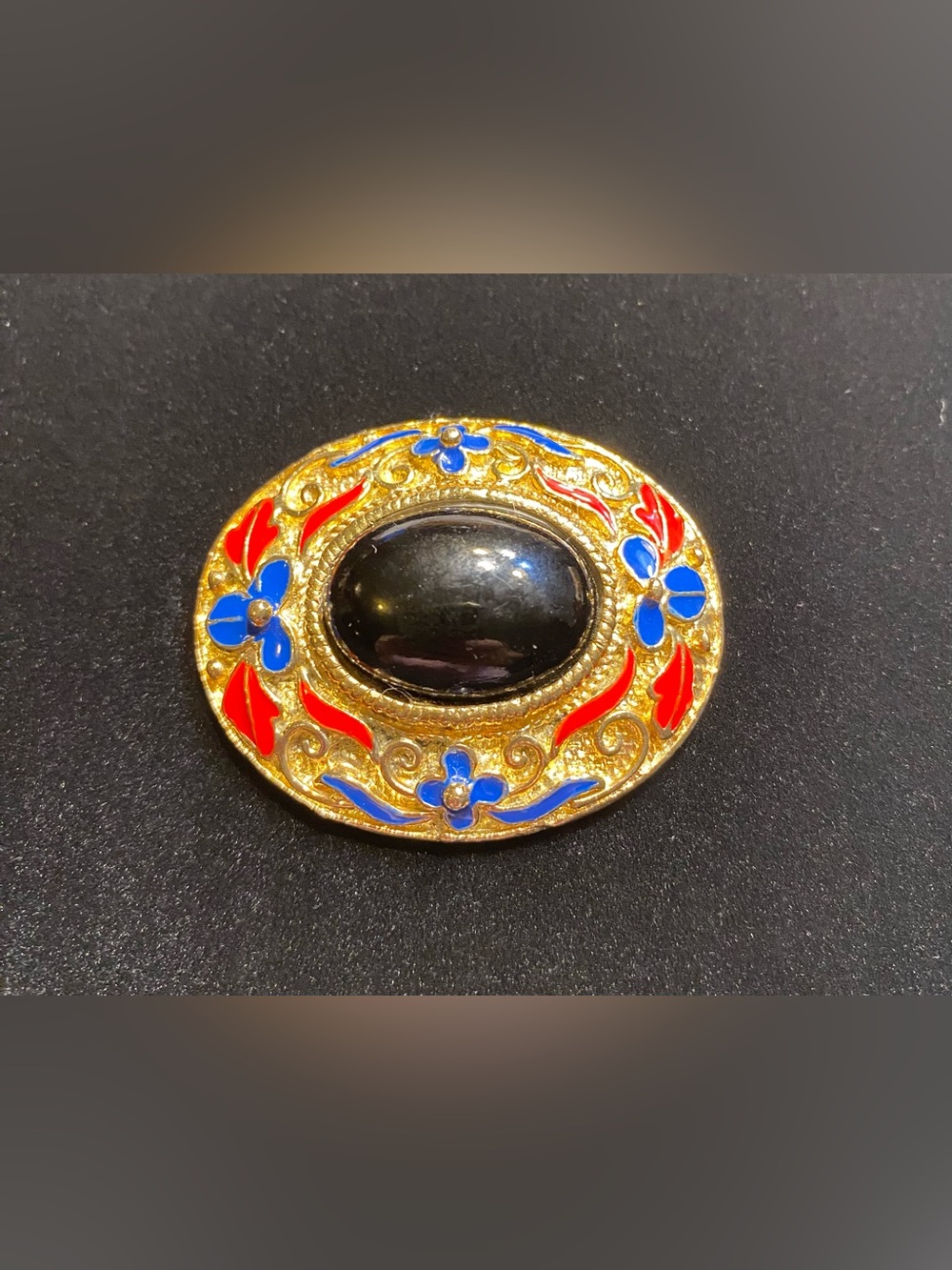 Vintage Byzantine Enamel Statement Brooch Bold Faux Onyx Cabochon Gold Tone